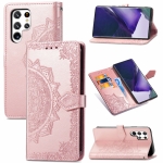 For Samsung Galaxy S22 Ultra 5G Mandala Flower Embossed Horizontal Flip Leather Case with Holder & Card Slots & Wallet & Lanyard(Rose Gold)