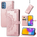 For Samsung Galaxy M52 5G Mandala Flower Embossed Horizontal Flip Leather Case with Holder & Card Slots & Wallet & Lanyard(Rose Gold)