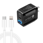 PD25W USB-C / Type-C + QC3.0 USB Dual Ports Fast Charger with USB-C to 8 Pin Data Cable, US Plug(Black)