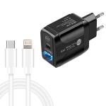 PD25W USB-C / Type-C + QC3.0 USB Dual Ports Fast Charger with USB-C to 8 Pin Data Cable, EU Plug(Black)