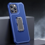 Carbon Fiber Texture Phone Case with Holder For iPhone 13 Pro Max(Blue+Black)
