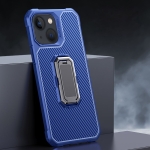 Carbon Fiber Texture Phone Case with Holder For iPhone 13(Blue+Black)