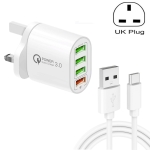 QC-04 QC3.0 + 3 x USB2.0 Multi-ports Charger with 3A USB to Type-C Data Cable, UK Plug(White)