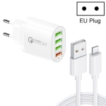 QC-04 QC3.0 + 3 x USB2.0 Multi-ports Charger with 3A USB to 8 Pin Data Cable, EU Plug(White)
